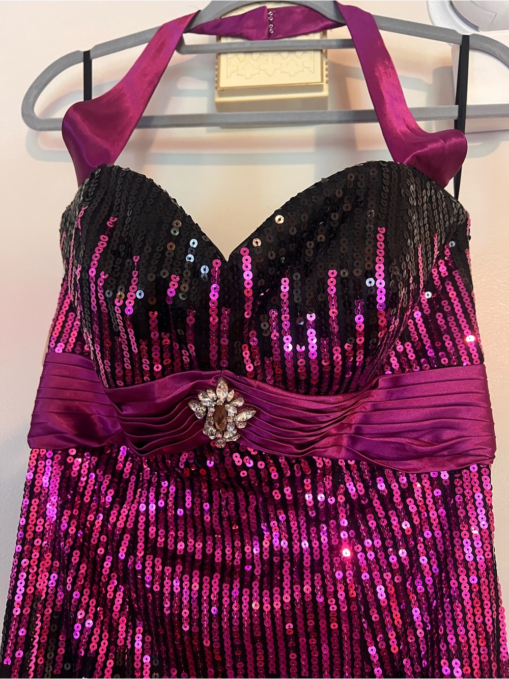 Halter Black & Magenta Sequin Evening Gown-Size 12